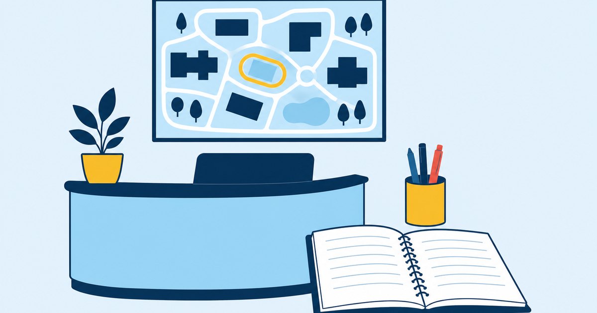 A campus map, reception desk, pen cup, and open notebook are arranged in an office corner