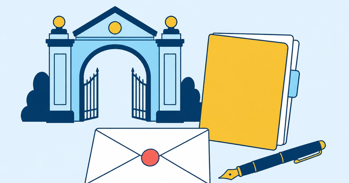 A campus gate, an application folder, a sealed envelope, and a fountain pen are arranged on a desk