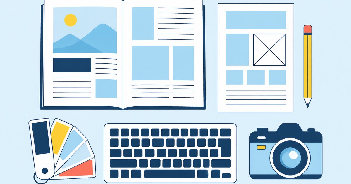 A magazine spread, a keyboard, a camera, and layout blocks are arranged in an editorial workspace