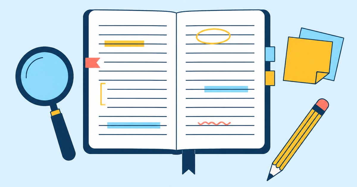 A journal page, a magnifying glass, sticky notes, and a pencil are arranged around margin marks
