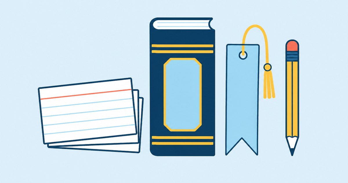 Index cards, a book spine, a bookmark, and a pencil are arranged in a citation row