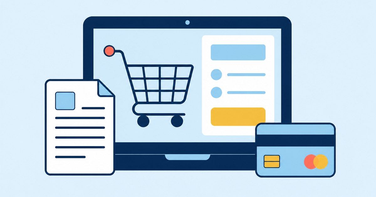A laptop, a shopping cart icon, an essay sheet, and a payment card are arranged on a checkout screen