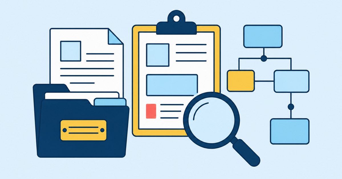 A case file, a clipboard, a magnifying glass, and connected chart blocks are arranged in an investigation layout