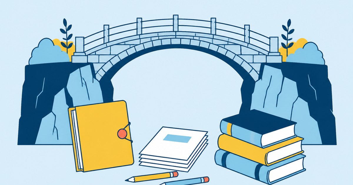 A stone footbridge spans a gorge above a thesis folder, pencils, and library books