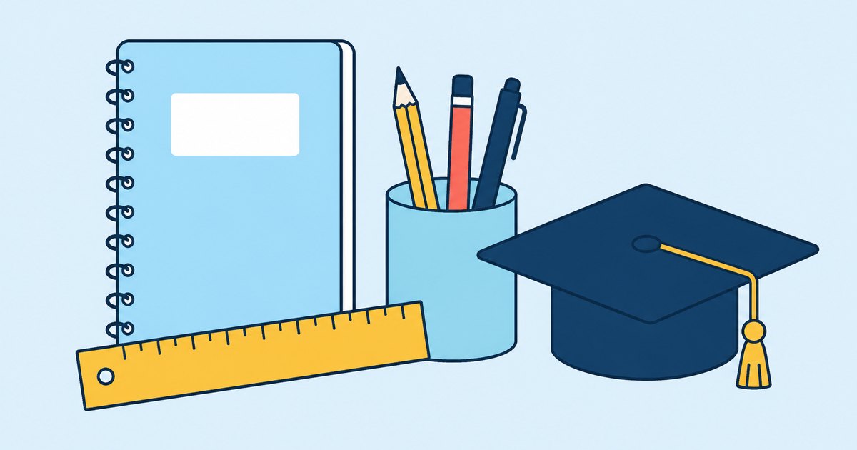 A notebook, a ruler, a pencil cup, and a graduation cap are arranged on a study desk
