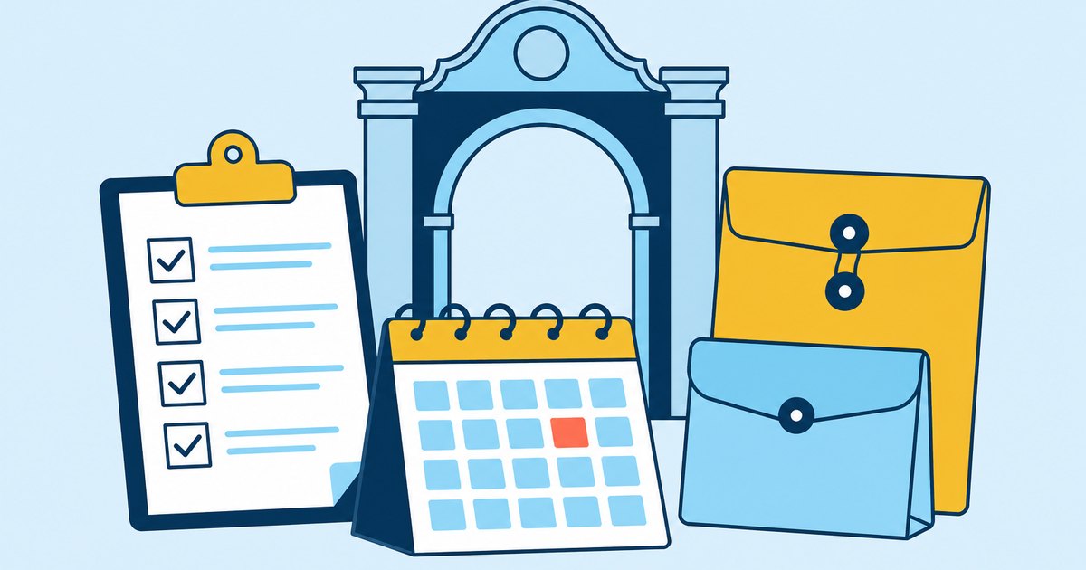 An admissions checklist, a campus arch, a calendar, and document envelopes are arranged in an application kit