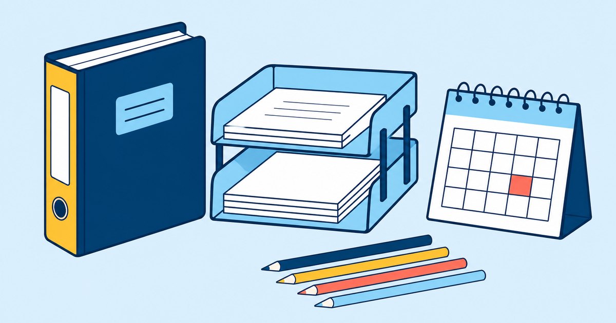 A course binder, assignment trays, a calendar, and colored pencils are arranged in a semester workspace