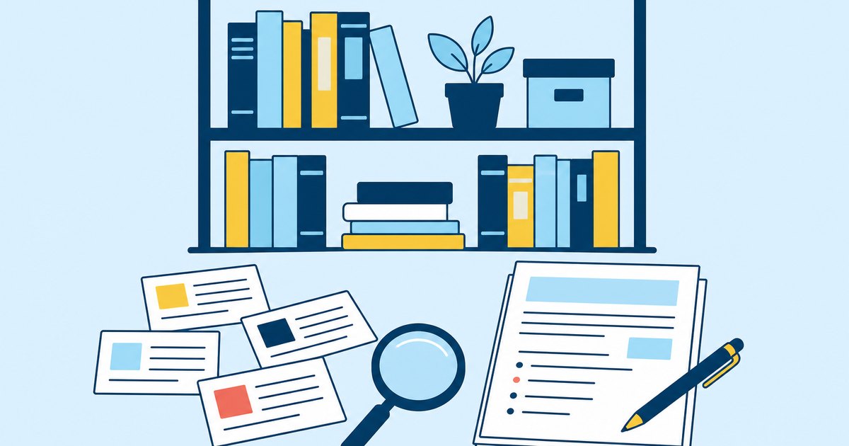 Library shelves, source cards, a search magnifier, and a research draft are arranged around a study table