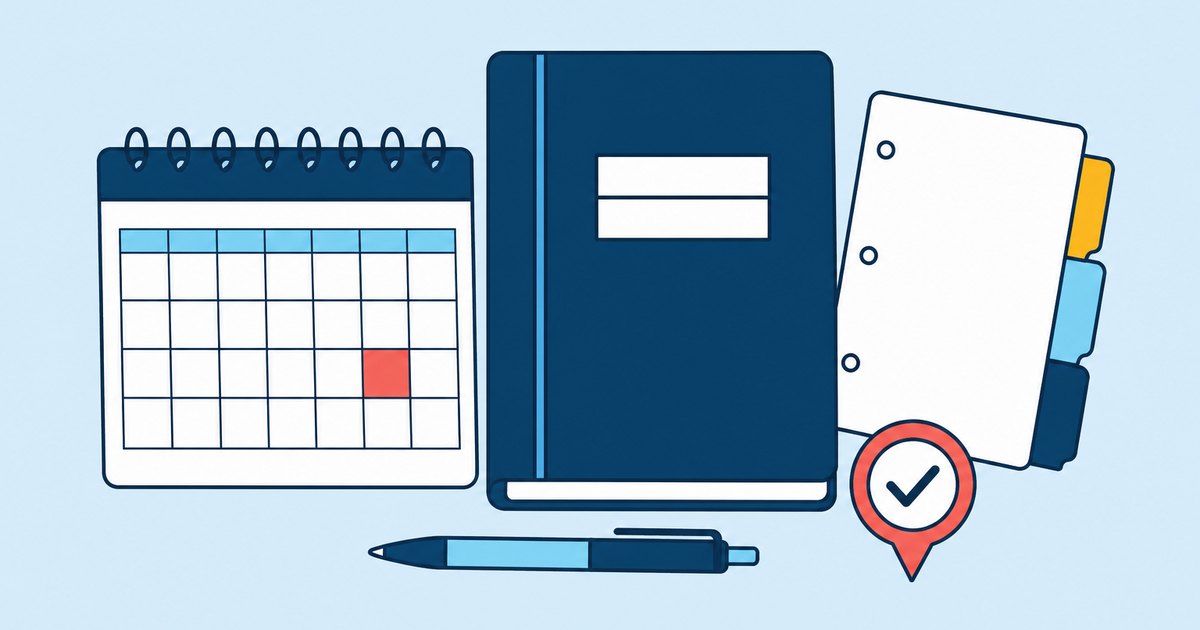 A semester calendar, a term binder, divider tabs, and a pen are arranged beside a due-date marker