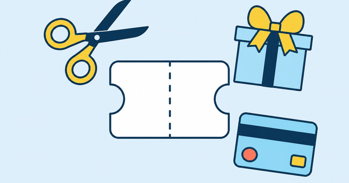 A coupon, scissors, gift box, and payment card are arranged around a perforation line