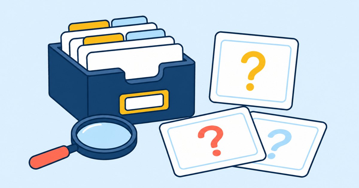 A card drawer, magnifying glass, and question cards are spread across a help desk