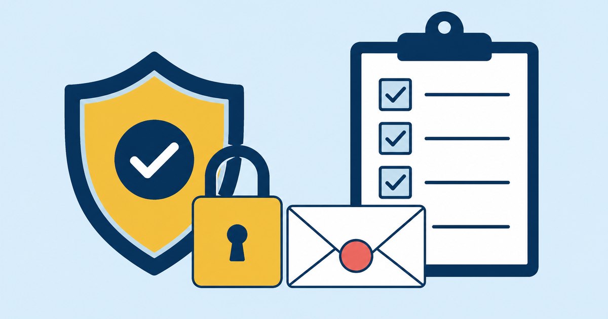 A shield, padlock, sealed envelope, and checklist board are grouped on a writing table