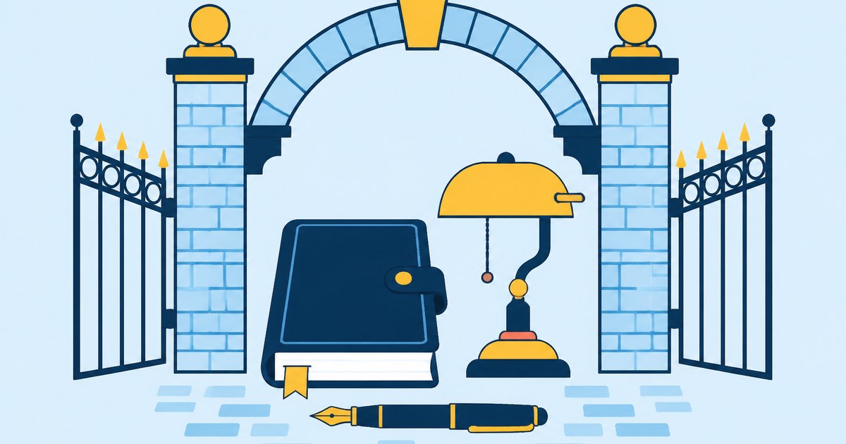 A brick gate frames a casebook, fountain pen, and library lamp on a courtyard path