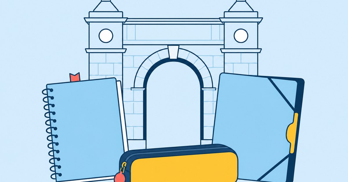 A limestone gateway stands behind a spiral notebook, pencil case, and lecture folder