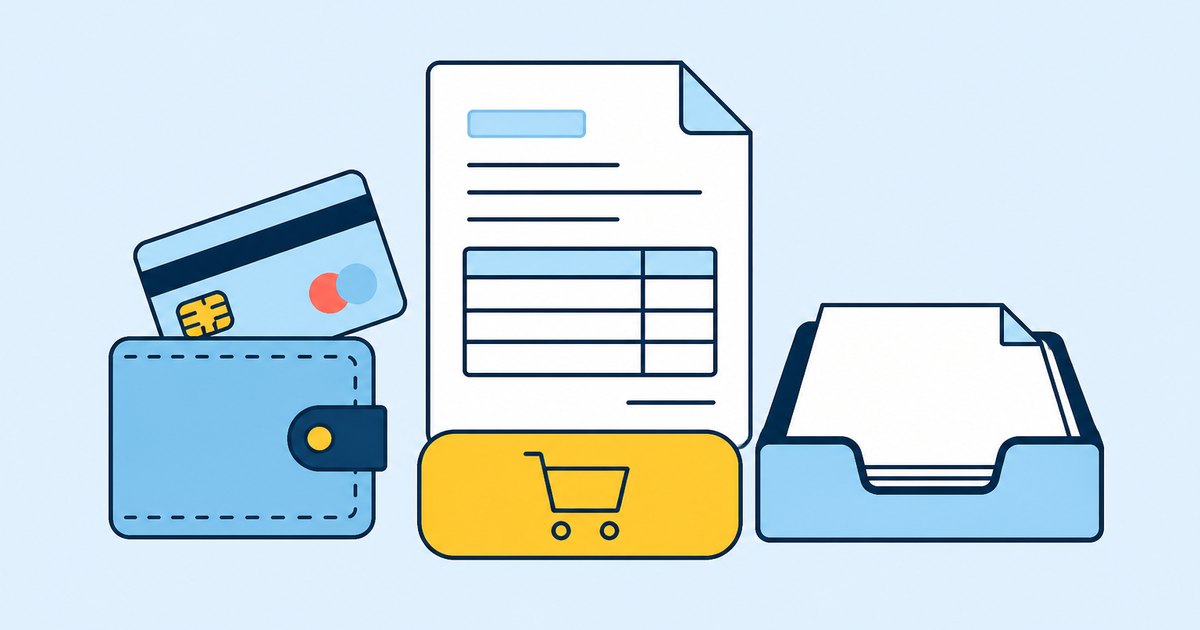 A wallet, a payment card, an invoice sheet, and a paper tray are arranged near a checkout button