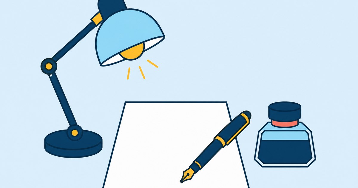 A desk lamp, a fountain pen, a blank sheet, and an inkwell are arranged at a writing station