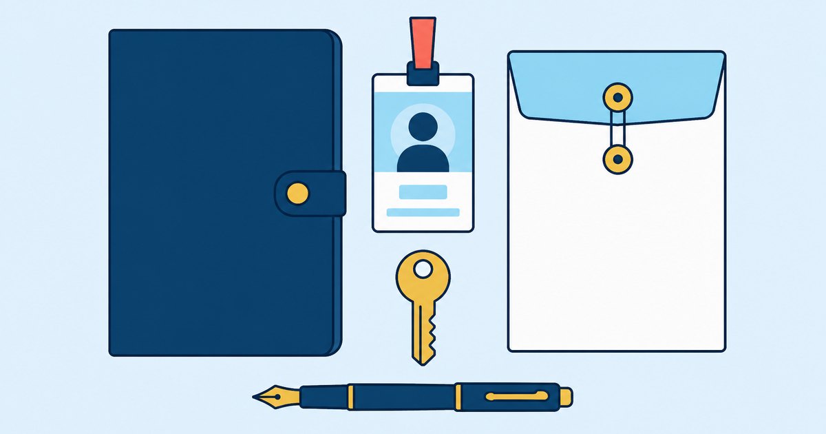 A portfolio folder, an identity card, a key, and a fountain pen are arranged beside an application envelope