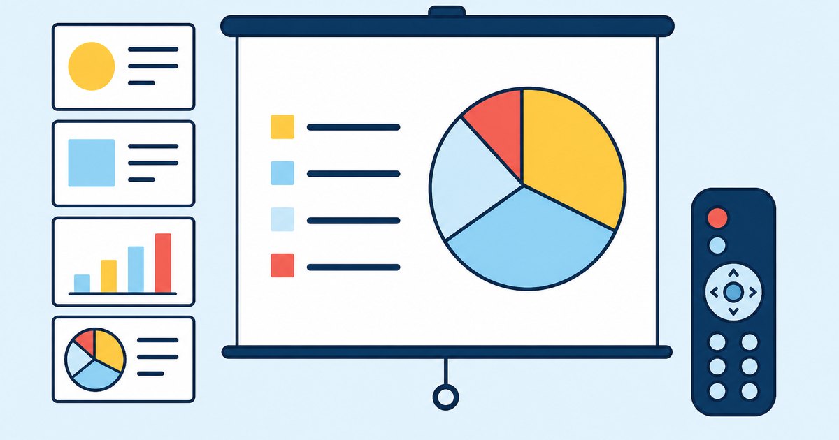 A projection screen, slide thumbnails, a remote control, and a pie chart are arranged in a presentation setup