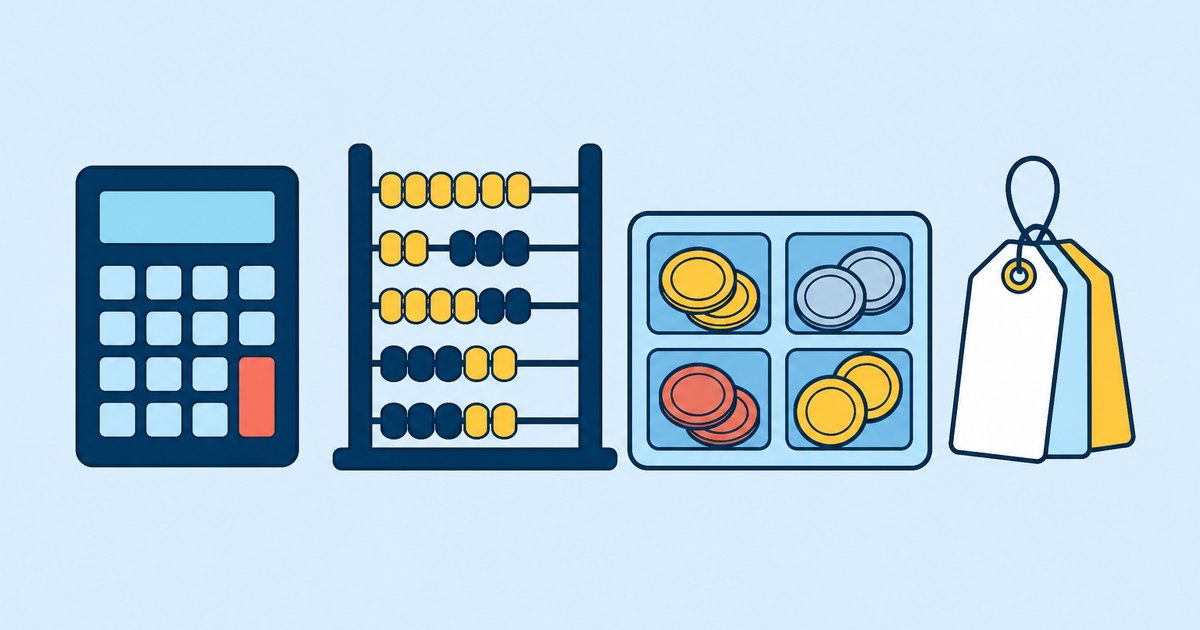 A calculator, abacus, coin tray, and price tags are lined up on a counter