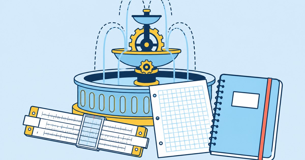 An engineering fountain surrounds a slide rule, graph sheet, and lab notebook