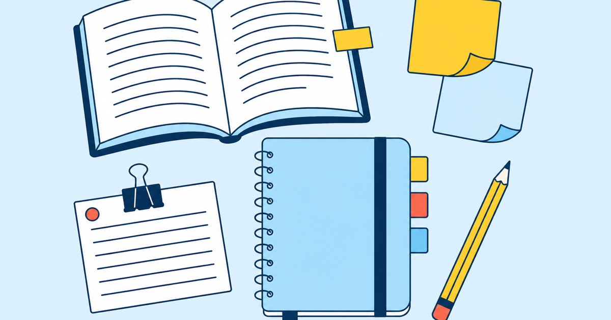 An open book, response notes, sticky markers, and a pencil are arranged around a reflection journal