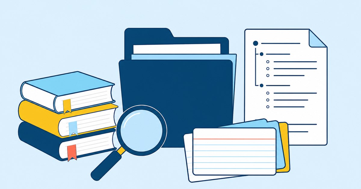 A magnifying glass, source books, note cards, and outline sheet surround a research folder