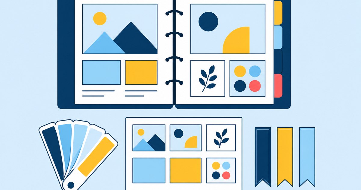 A display binder, page thumbnails, swatch tabs, and bookmark ribbons are arranged in a portfolio layout