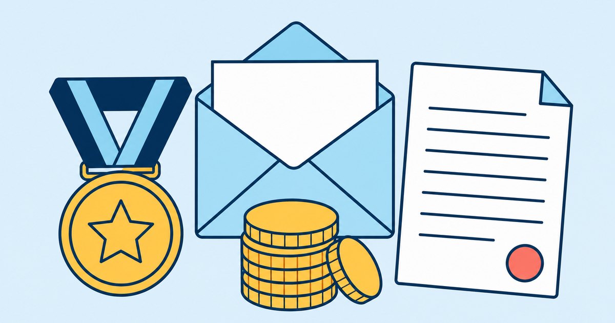 A scholarship medal, a grant envelope, a coin stack, and an essay page are arranged on a desk