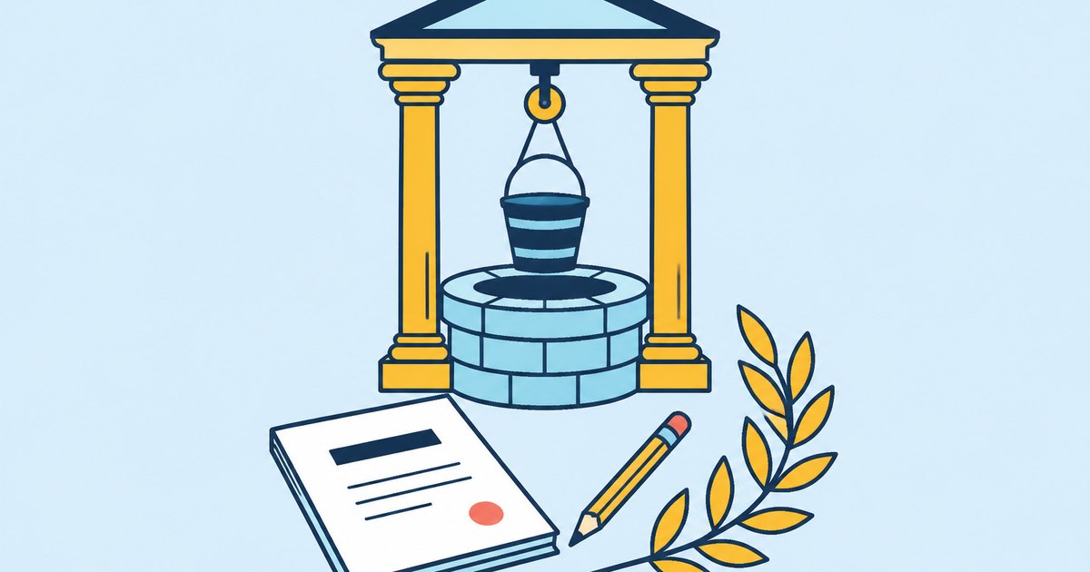 A columned well stands above an exam booklet, pencil, and laurel branch