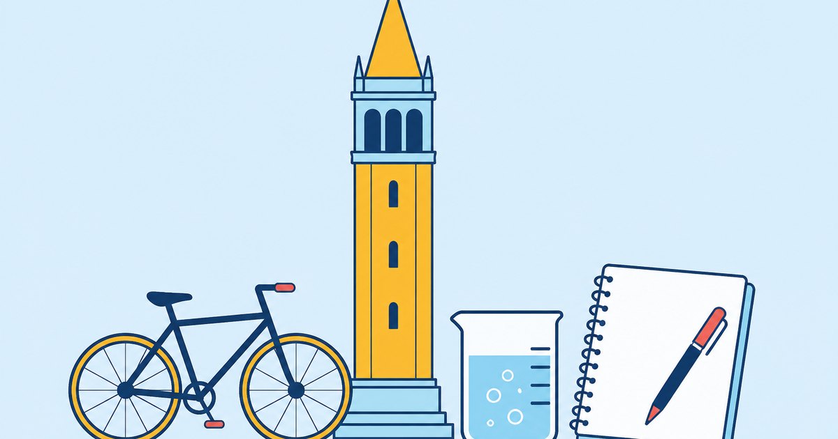 A campanile rises beside a beaker, bicycle, and lecture notebook