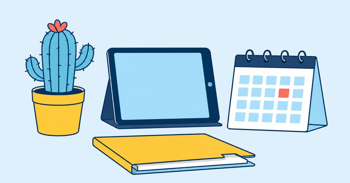 A desert cactus, tablet computer, calendar, and folder are arranged on a study desk