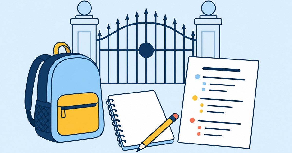A college gate, a backpack, a spiral notebook, and a pencil are arranged beside an essay outline
