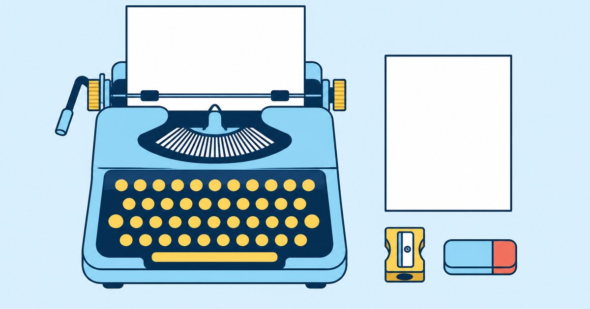 A typewriter, a single page, a pencil sharpener, and an eraser are arranged on a writing desk