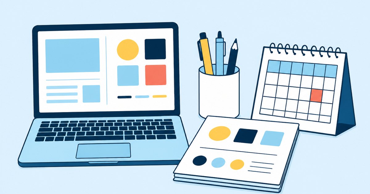 A laptop, a style guide, a pen cup, and a desk calendar are arranged on a writing desk