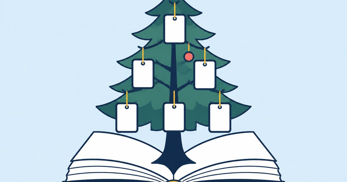 An evergreen tree rises from an open book, with blank cards hanging from the branches