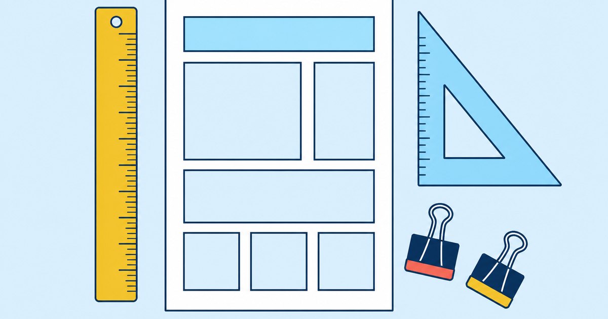 A sheet with layout boxes sits between a ruler, a set square, and binder clips
