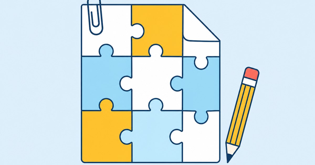 Interlocking puzzle pieces form the shape of a paper sheet, with a paper clip and a pencil beside the sheet