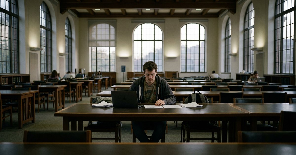 A student sits alone at a library table with a laptop and printed page in a wide, high-ceilinged reading room.