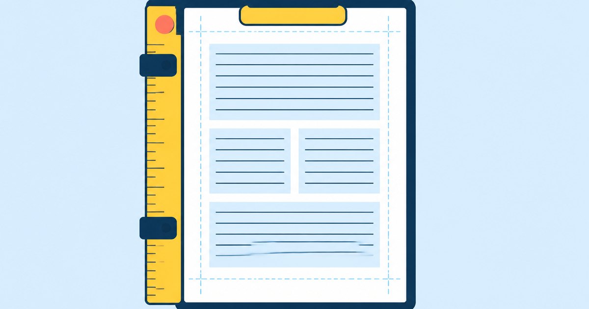 A clipboard holds a page with margin guides, line blocks, and a ruler clipped to the left side