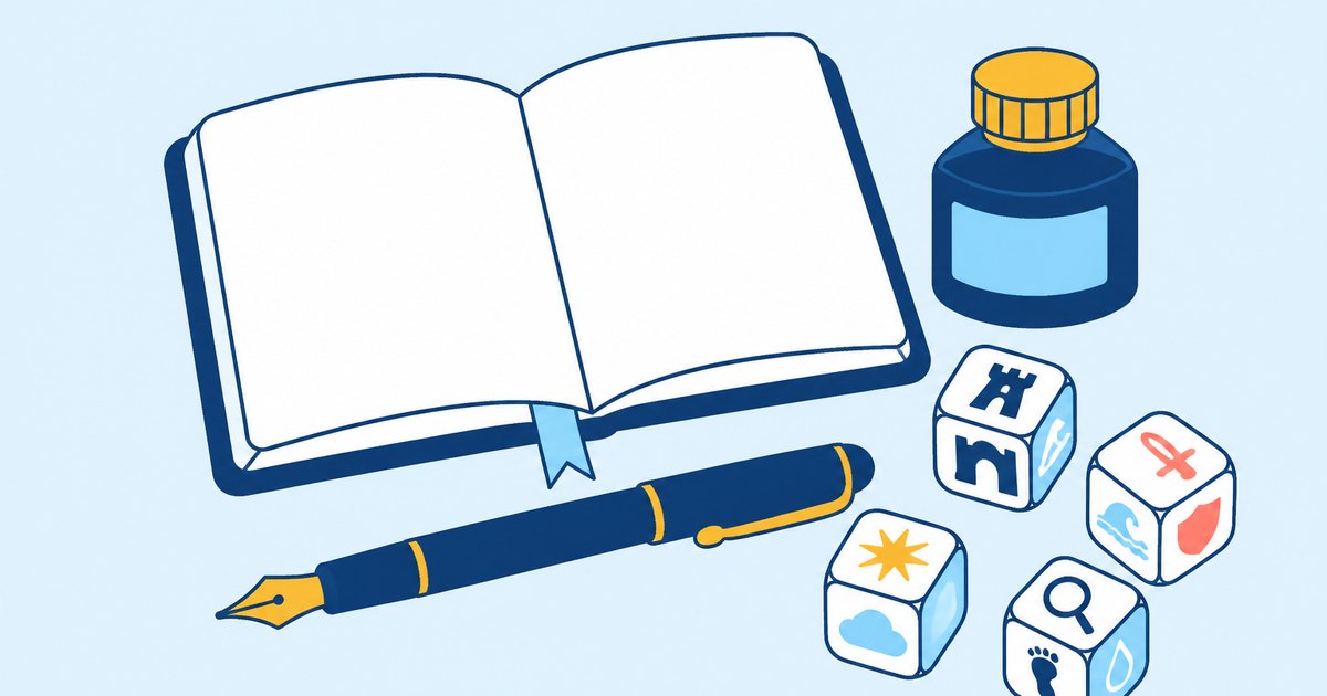 A fountain pen rests beside an open notebook, an ink bottle, and story dice scattered near the lower corner