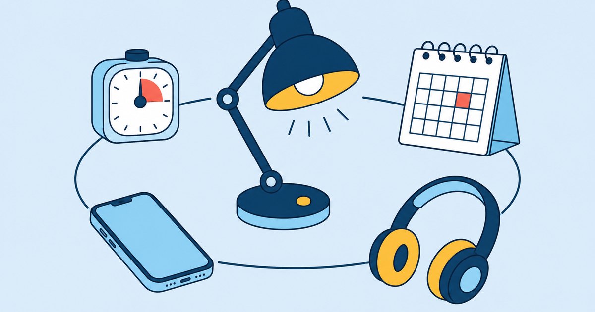 A desk lamp stands at the center, with a timer, a calendar, a phone, and headphones arranged in a circle