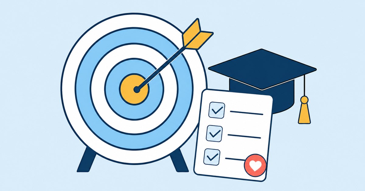 A dart sits in the center of a target board, with a graduation cap and checklist card beside the board