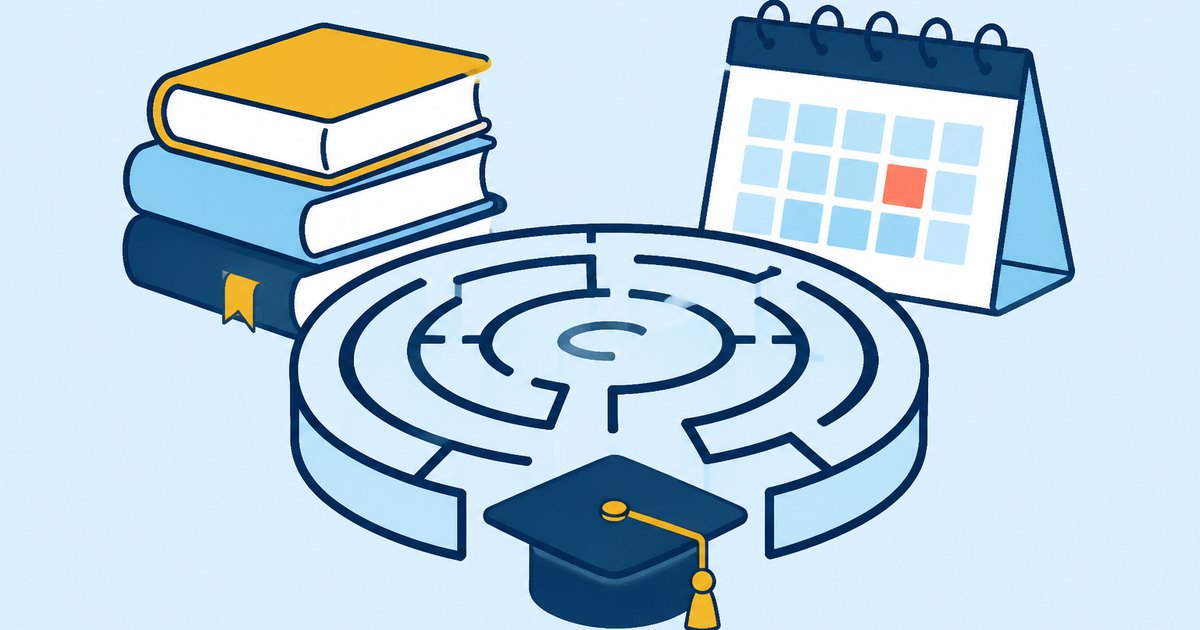A graduation cap sits at the entrance of a tabletop maze, with textbooks and a calendar behind the maze