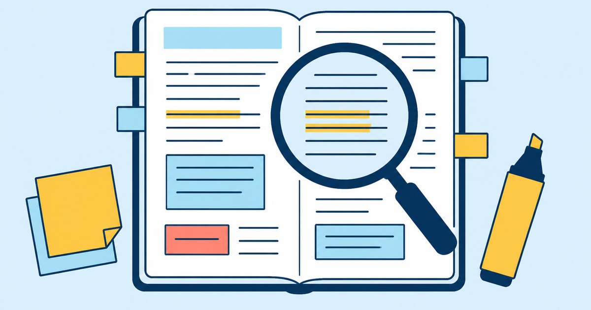 A journal page lies under a magnifying glass, with sticky notes and a highlighter along the margins