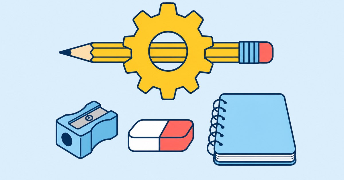 A pencil passes through a gear, with a sharpener, an eraser, and a practice notebook arranged below