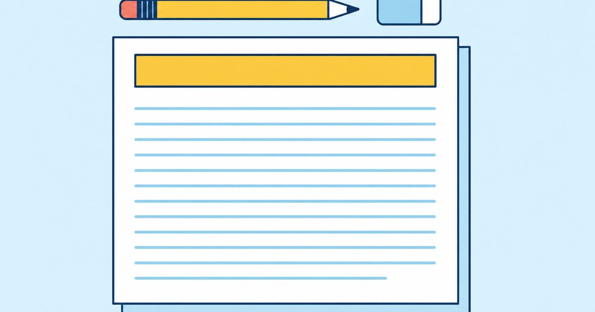 A blank title strip sits above an essay page, with a pencil and eraser aligned to the top line