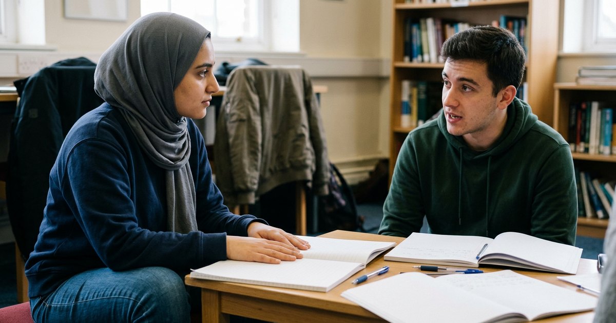 Two students sit across a table in a study room, one listening intently while the other speaks.