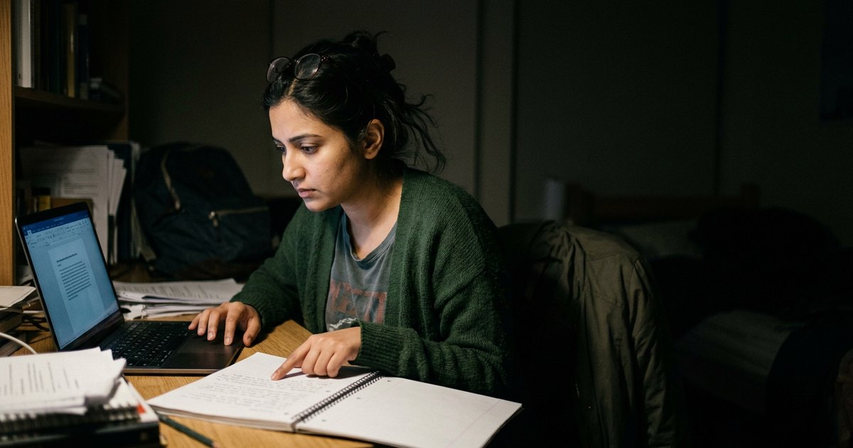 A young woman reads at a glowing laptop screen in a dark room, notebook open beside her.