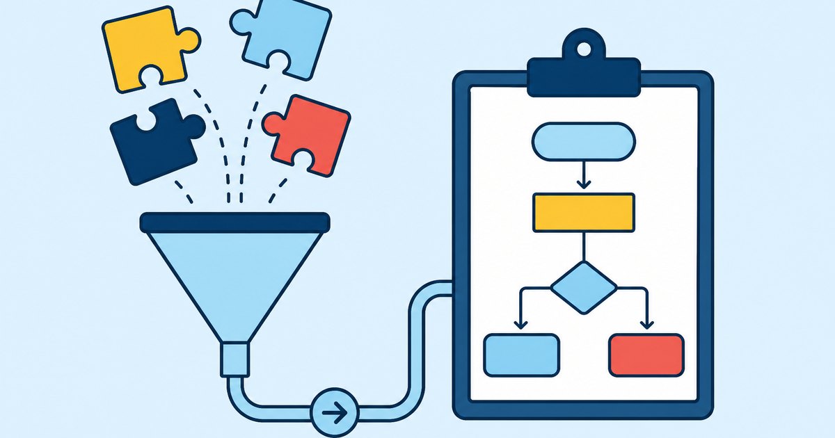 Puzzle pieces pass through a funnel into a flowchart on a clipboard