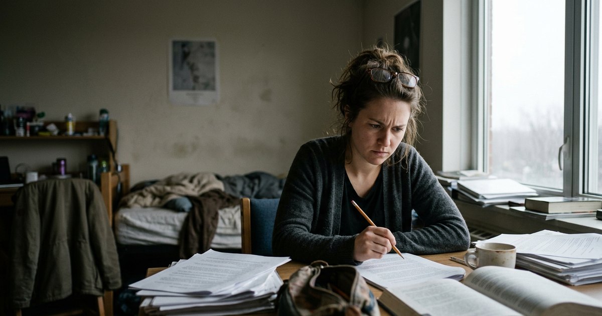 A young woman in a cardigan studies a printed page at a table, pencil paused, reading glasses pushed up.